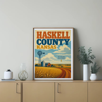 Haskell County Kansas landscape with wheat fields, windmill, and a curving road.