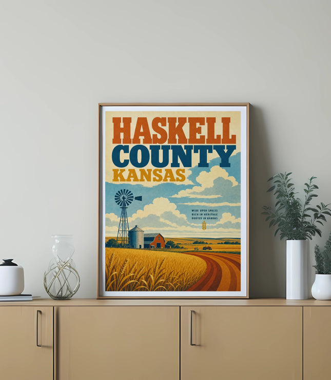 Haskell County Kansas landscape with wheat fields, windmill, and a curving road.