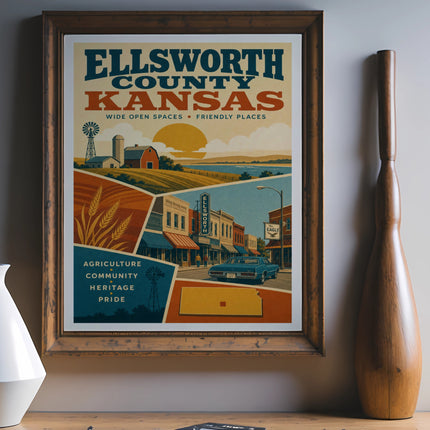 Ellsworth County, Kansas poster featuring agriculture, community, heritage, pride, and local landmarks.