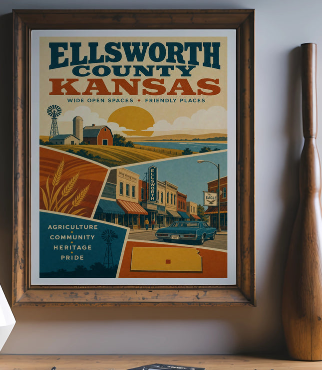 Ellsworth County, Kansas poster featuring agriculture, community, heritage, pride, and local landmarks.