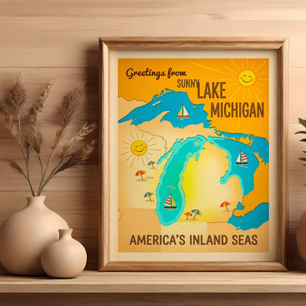 Vintage postcard depicting Sunny Lake Michigan and America's Inland Seas.