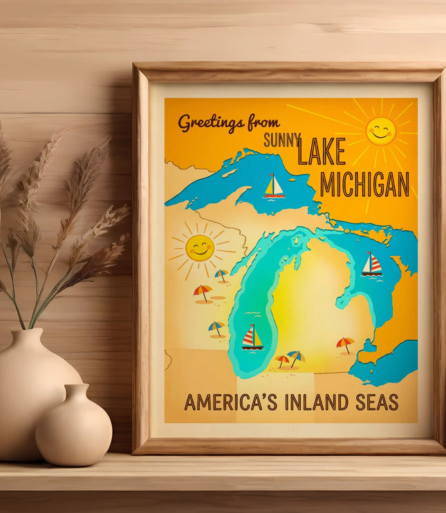 Vintage postcard depicting Sunny Lake Michigan and America's Inland Seas.
