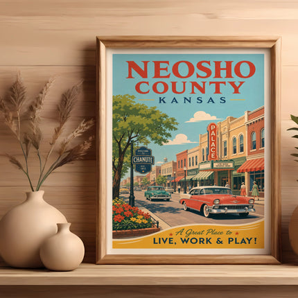 Retro art of Neosho County, Kansas, featuring Chanute with vintage cars.