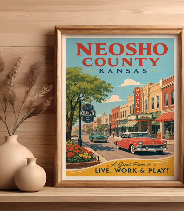 Retro art of Neosho County, Kansas, featuring Chanute with vintage cars.