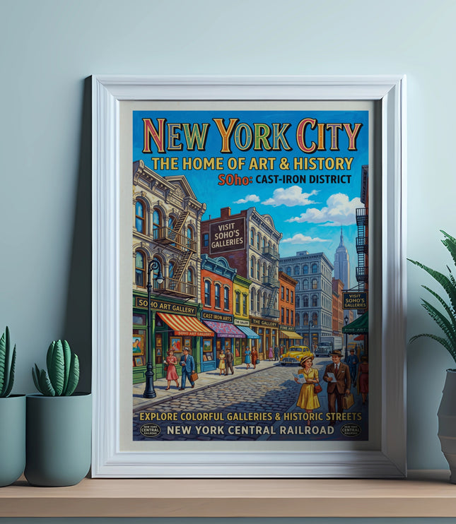 New York City poster shows Soho galleries and Empire State Building.