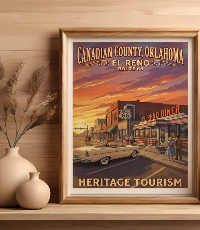 Retro poster of El Reno, Oklahoma, Route 66, El Reno Diner and heritage tourism.