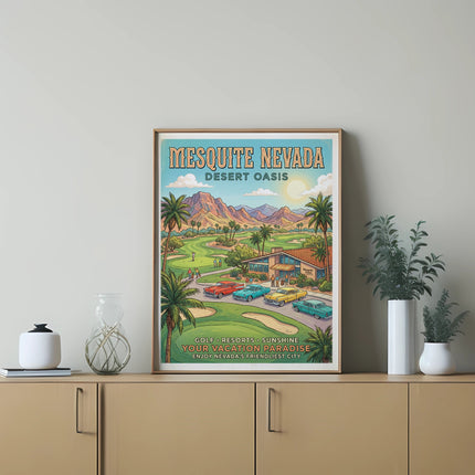 Mesquite Nevada Desert Oasis poster with golf, resorts, and sunshine.