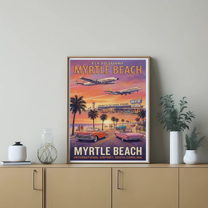 Myrtle Beach vintage travel poster with planes, cars, and beach scene.
