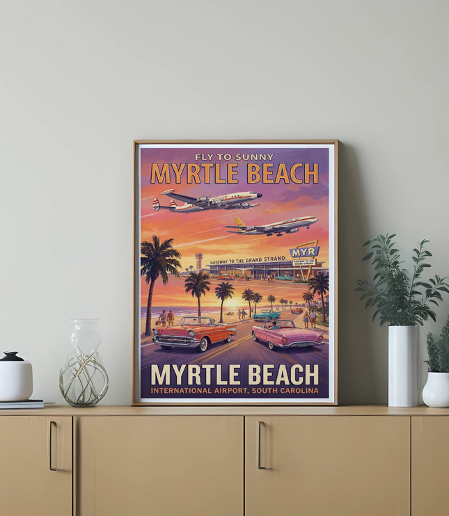 Myrtle Beach vintage travel poster with planes, cars, and beach scene.