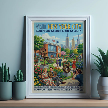New York City sculpture garden and art gallery poster with people.
