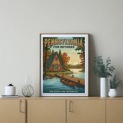 Framed "Pennsylvania for Retirees" artwork showing a cabin by a lake at sunset.