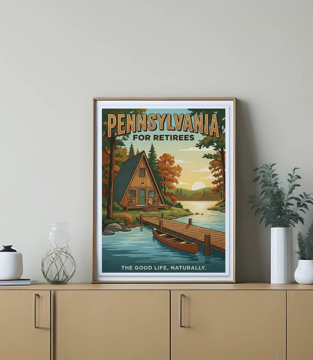 Framed "Pennsylvania for Retirees" artwork showing a cabin by a lake at sunset.