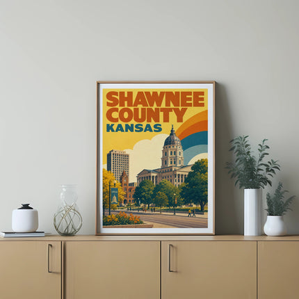 Shawnee County Kansas poster with buildings, rainbow, and trees.