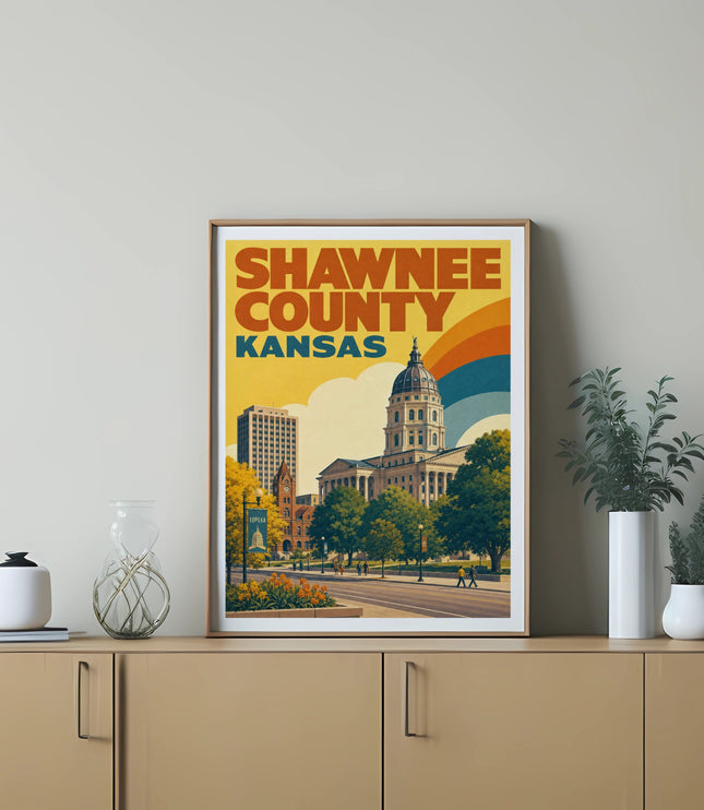 Shawnee County Kansas poster with buildings, rainbow, and trees.