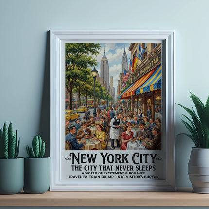 New York City vintage travel poster with "Cafe Manhattan" and city scene.