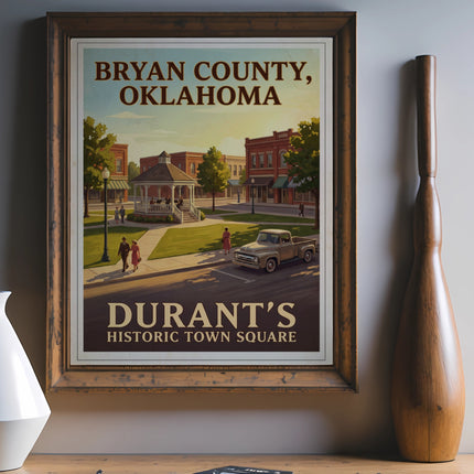 Bryan County, Oklahoma, Durant's Historic Town Square vintage travel poster.