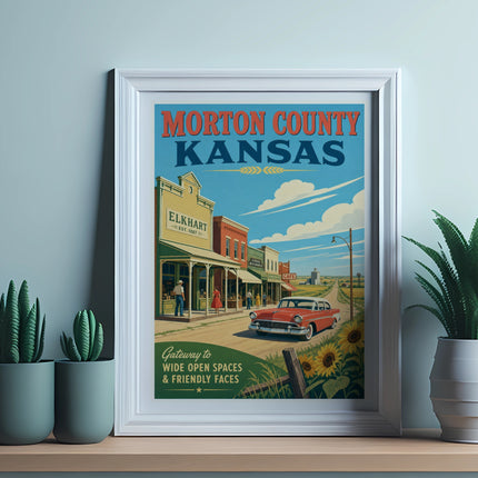 Morton County Kansas vintage travel poster with Elkhart town scene and red car.
