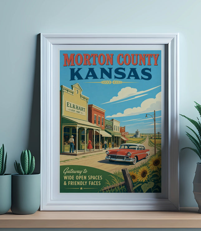 Morton County Kansas vintage travel poster with Elkhart town scene and red car.