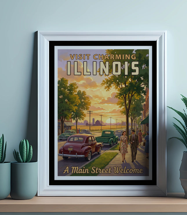 Vintage poster of a charming Illinois street scene with people and cars.