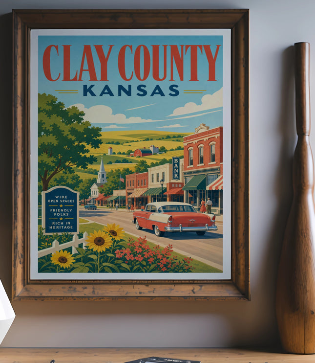 Vintage poster of Clay County, Kansas, featuring a street scene with a red car.