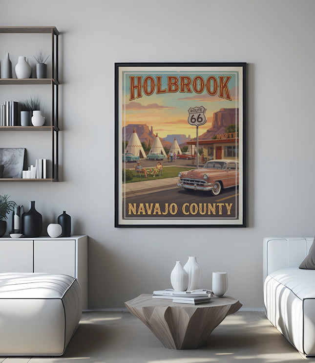 Holbrook Navajo County Route 66 vintage travel poster with teepees and car.