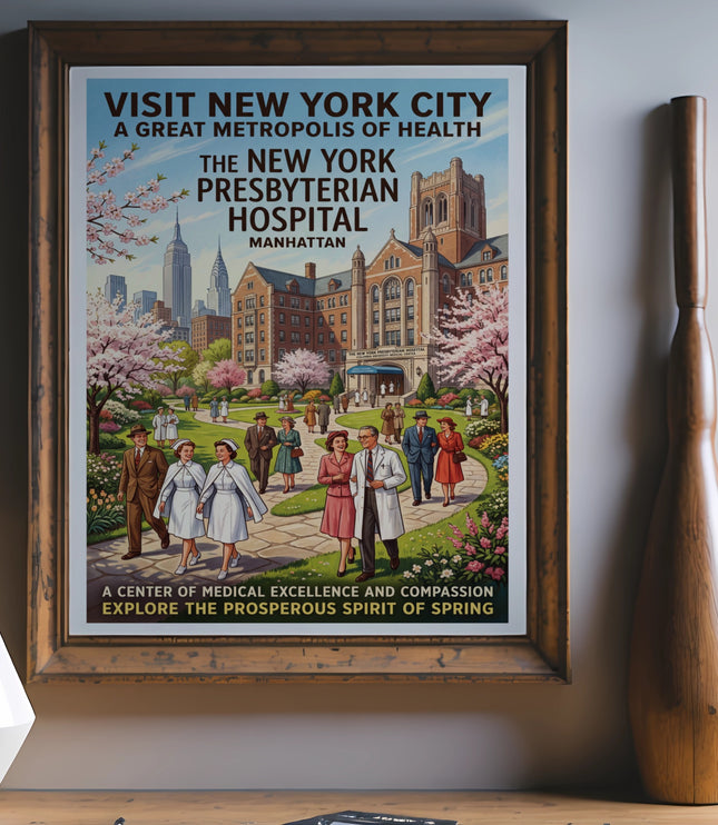 Vintage poster promoting New York Presbyterian Hospital in Manhattan during spring.