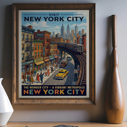Vintage New York City travel poster depicting street scene with train and yellow cab.