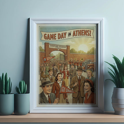 Framed "Game Day in Athens" poster featuring Sanford Stadium and college football fans.
