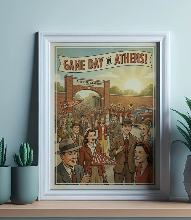 Framed "Game Day in Athens" poster featuring Sanford Stadium and college football fans.