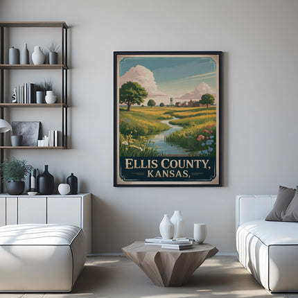 Vintage travel poster for Ellis County, Kansas with a scenic landscape.
