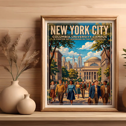 New York City Columbia University campus poster with people walking past buildings.