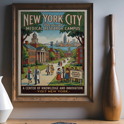 New York City Medical Research Campus poster with people and buildings.
