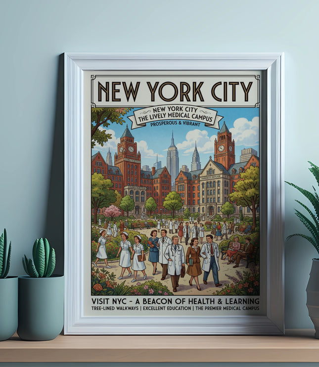 New York City lively medical campus poster with people and buildings, NYC health and learning.