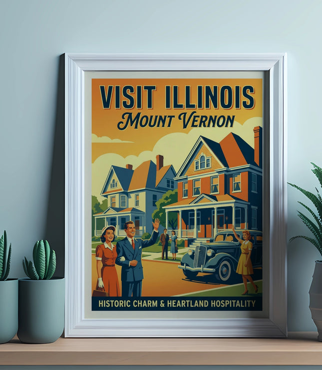 Vintage "Visit Illinois, Mount Vernon" travel poster with people and homes.