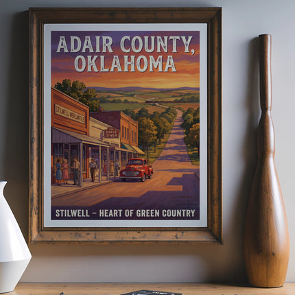 Framed poster of Adair County, Oklahoma with a vintage street scene and train.