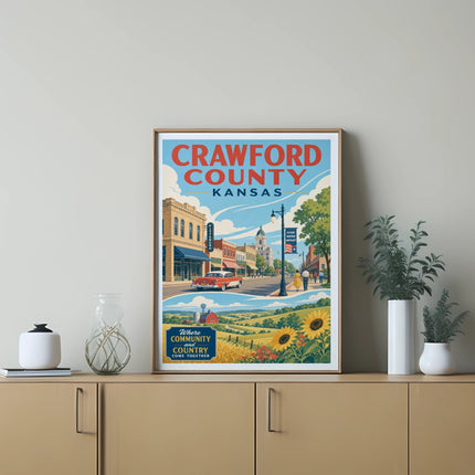 CRAWFORD COUNTY KANSAS poster with town scene, sunflowers, and text "WHERE COMMUNITY COMES TOGETHER".