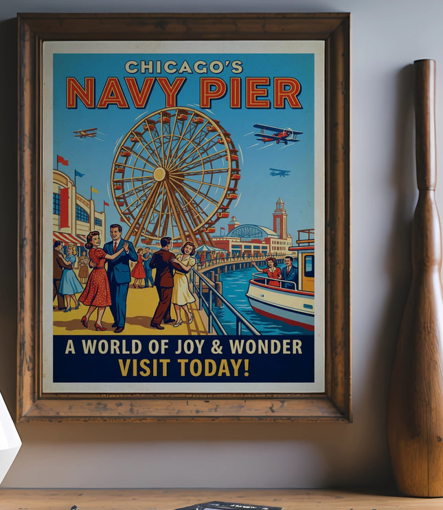 Vintage Chicago Navy Pier poster with Ferris wheel, couple dancing, and biplanes.