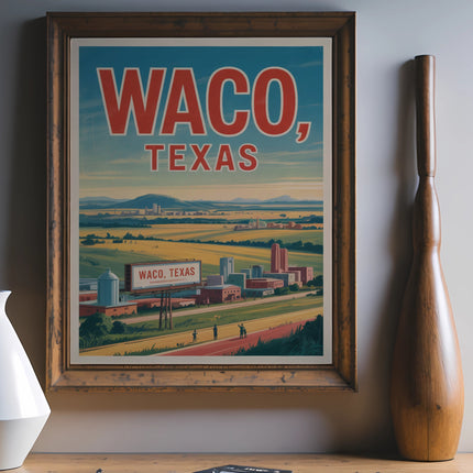 Vintage Waco, Texas travel poster in a wooden frame.