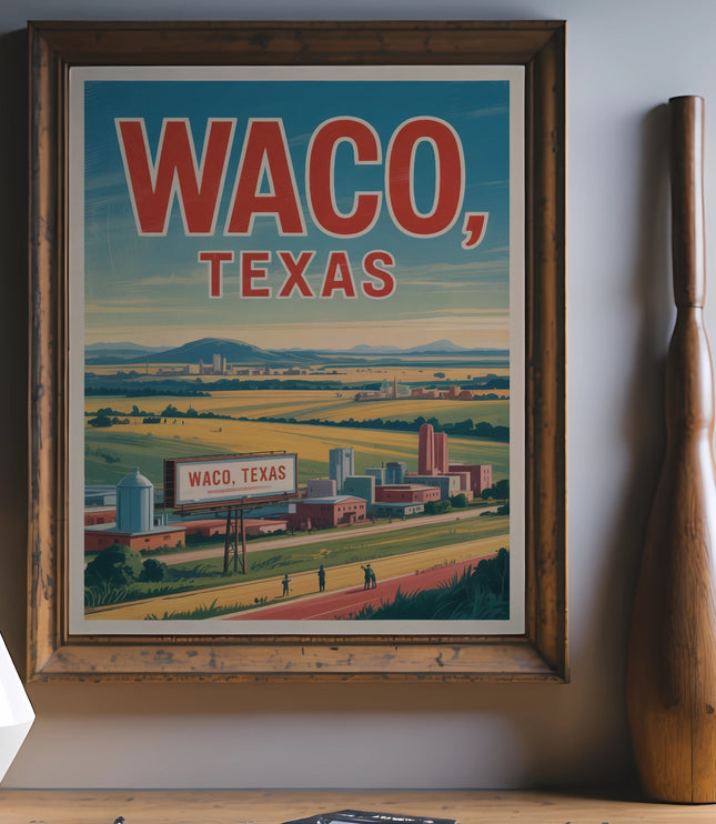 Vintage Waco, Texas travel poster in a wooden frame.