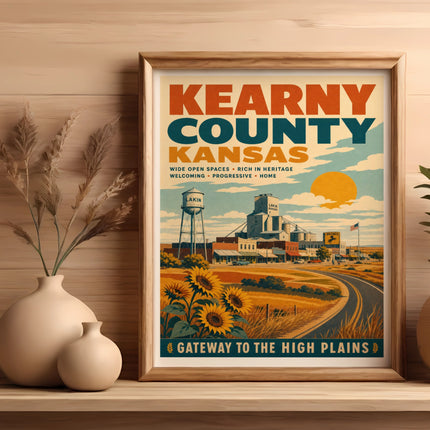 Kearny County Kansas travel poster with sunflowers and water tower.