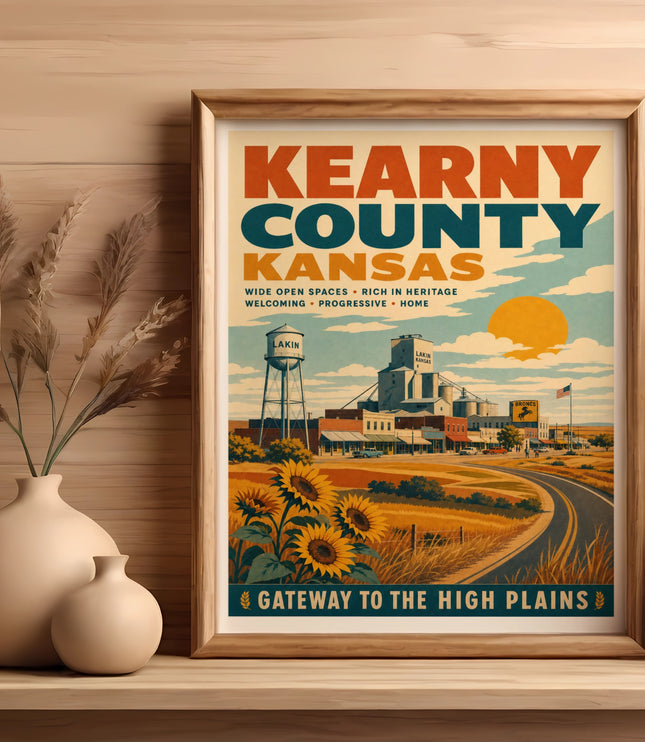 Kearny County Kansas travel poster with sunflowers and water tower.