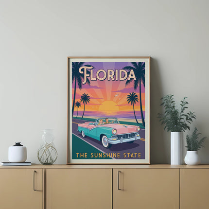 Retro Florida postcard with a classic convertible on a beach road.
