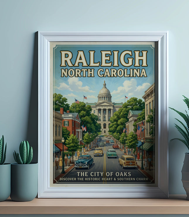 Vintage Raleigh North Carolina poster featuring state capitol building and classic cars.