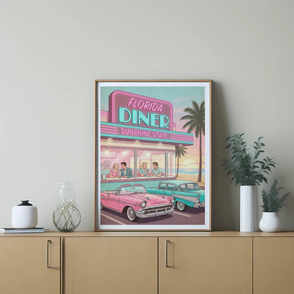 Retro diner sign and cars, framed art on wall above console table.