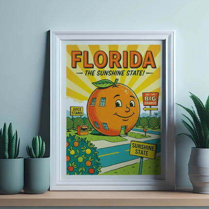 Florida sunshine state sign with a smiling orange character and juice stand.