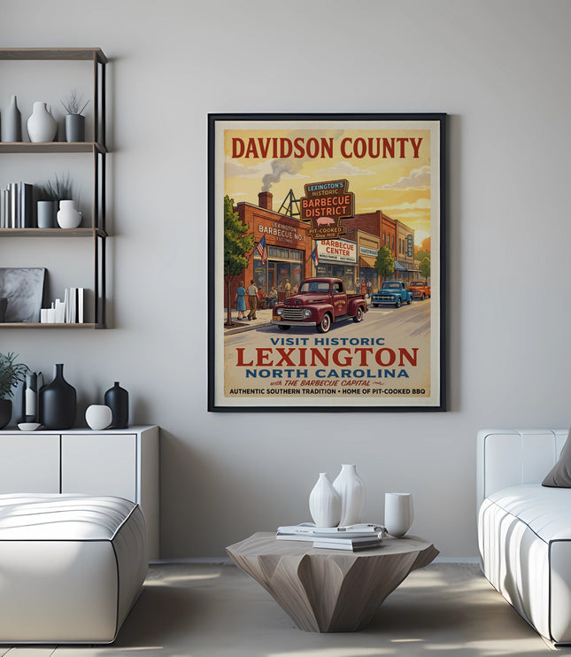 Vintage poster for Davidson County Lexington NC featuring historic barbecue district and cars.