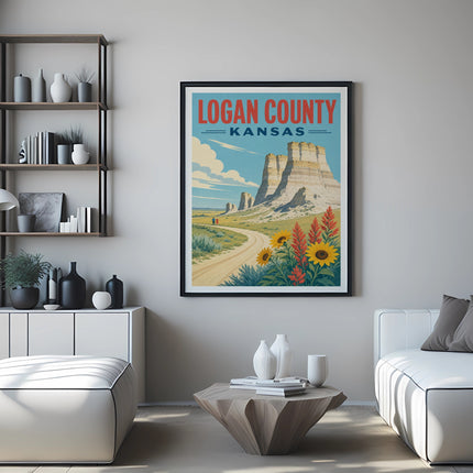 Logan County Kansas landscape with rock formations and sunflowers.