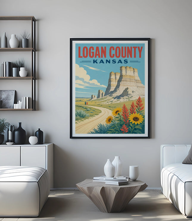 Logan County Kansas landscape with rock formations and sunflowers.