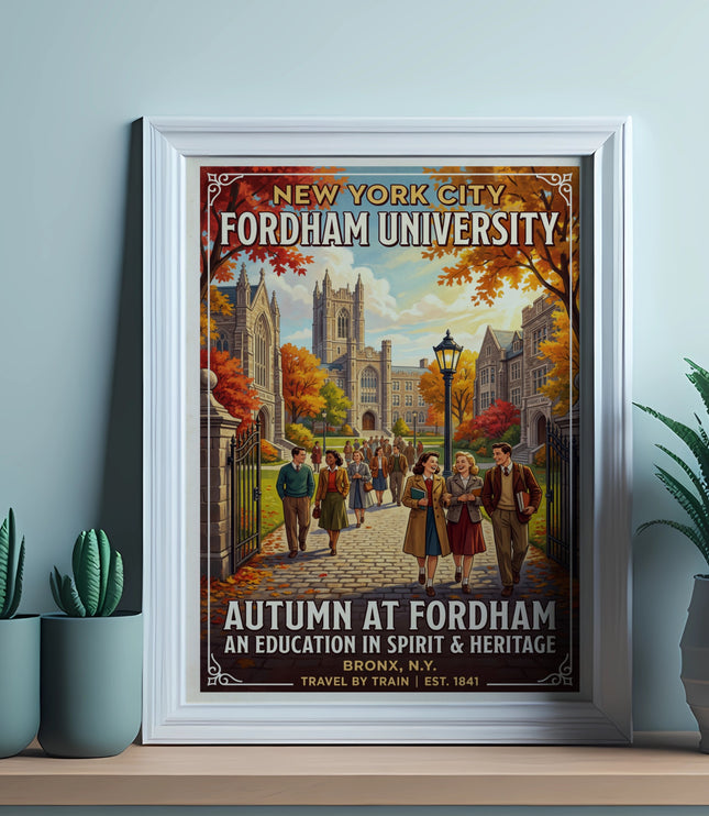 Fordham University vintage travel poster advertising autumn at Bronx campus.