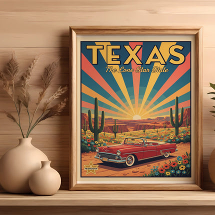 Retro Texas Lone Star State poster with vintage car and desert landscape.